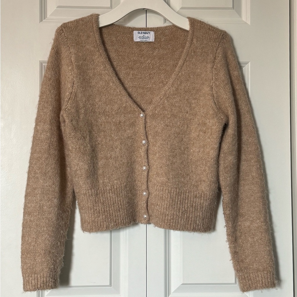 Mohair tan pearl-button cardigan